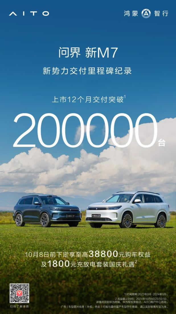 12個月20萬輛，“國民SUV”問界新M7持續刷新銷量紀錄
